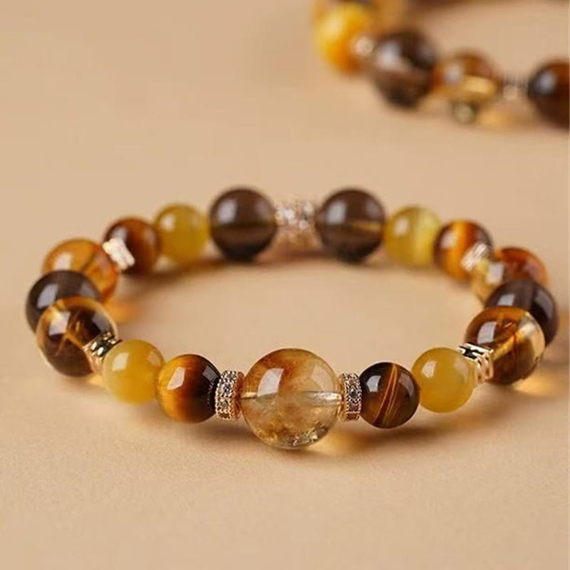 Bracelet Bonheur 10 mm œil de tigre citrine topaze