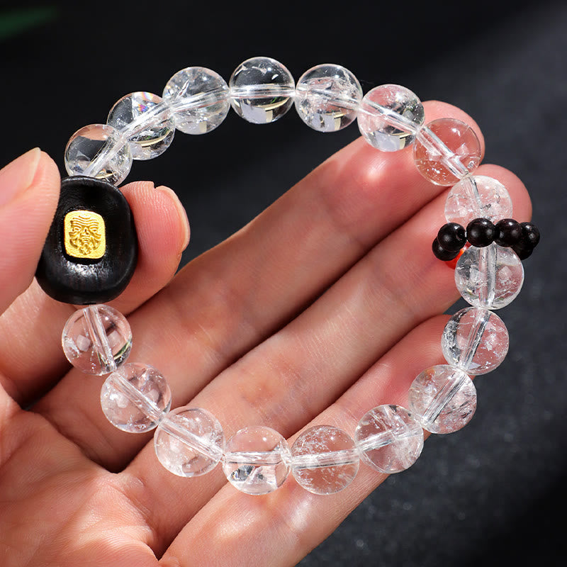 Bracelet de guérison en bois d'ébène et quartz clair, cristal blanc de 10 mm