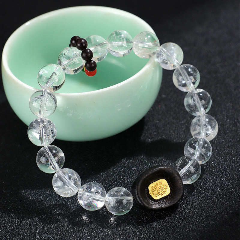 Bracelet de guérison en bois d'ébène et quartz clair, cristal blanc de 10 mm