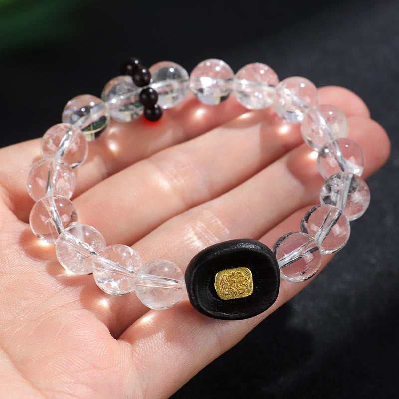 Bracelet de guérison en bois d'ébène et quartz clair, cristal blanc de 10 mm