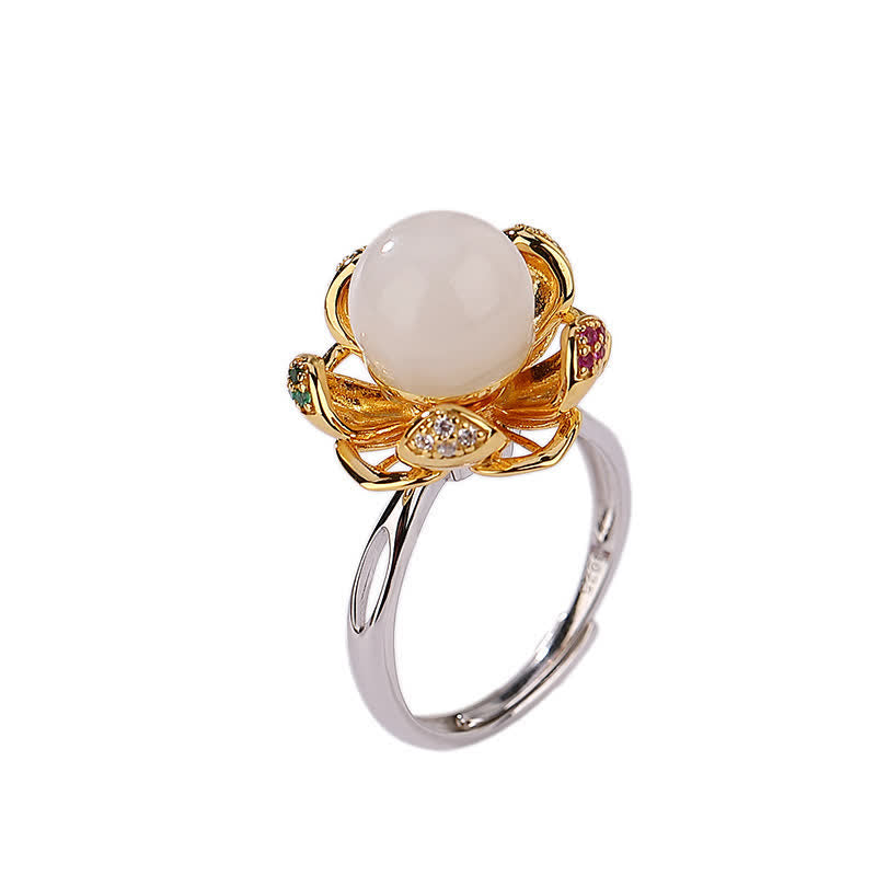 Bague de réussite en jade blanc et cyan de 10 mm avec fleur de lotus