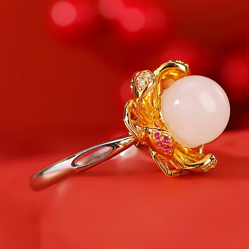 Bague de réussite en jade blanc et cyan de 10 mm avec fleur de lotus