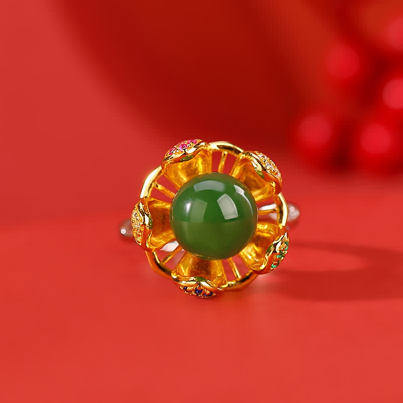 Bague de réussite en jade blanc et cyan de 10 mm avec fleur de lotus