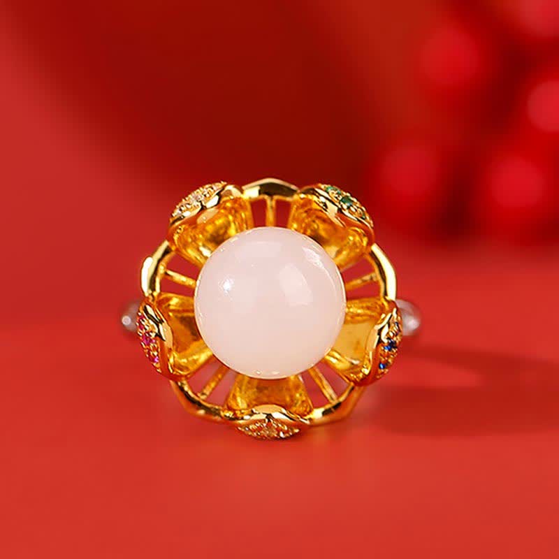 Bague de réussite en jade blanc et cyan de 10 mm avec fleur de lotus