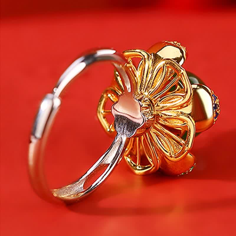 Bague de réussite en jade blanc et cyan de 10 mm avec fleur de lotus