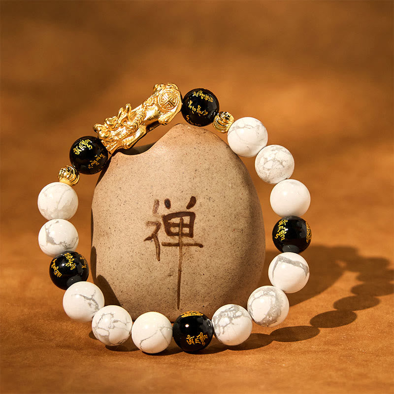 Bracelet de protection Pixiu en onyx noir et turquoise blanc de 10 mm