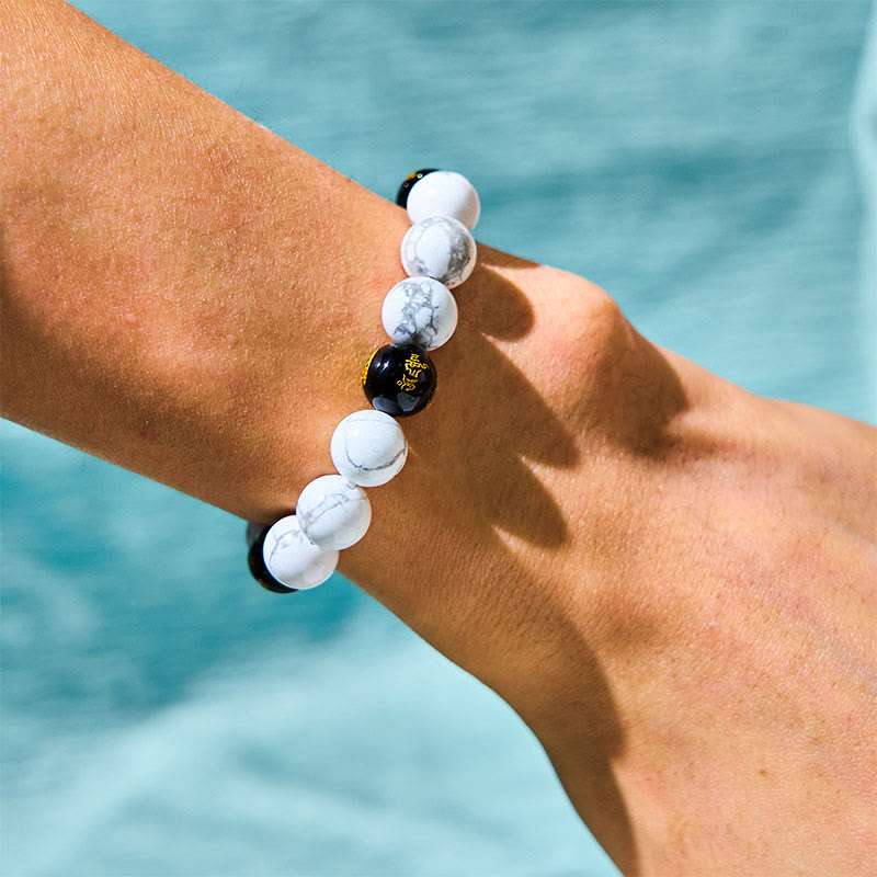 Bracelet de protection Pixiu en onyx noir et turquoise blanc de 10 mm