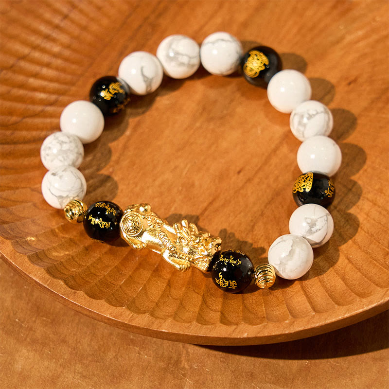 Bracelet de protection Pixiu en onyx noir et turquoise blanc de 10 mm