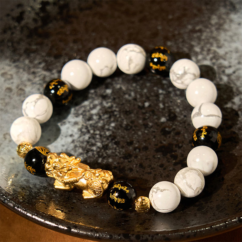 Bracelet de protection Pixiu en onyx noir et turquoise blanc de 10 mm