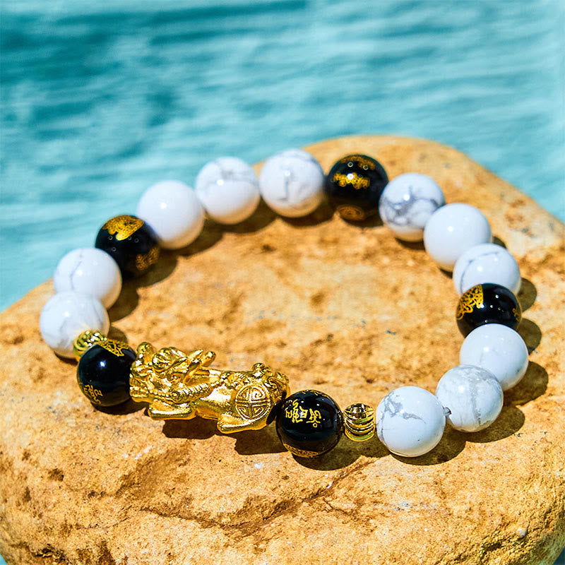 Bracelet de protection Pixiu en onyx noir et turquoise blanc de 10 mm