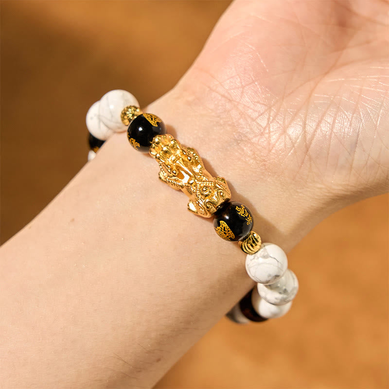 Bracelet de protection Pixiu en onyx noir et turquoise blanc de 10 mm