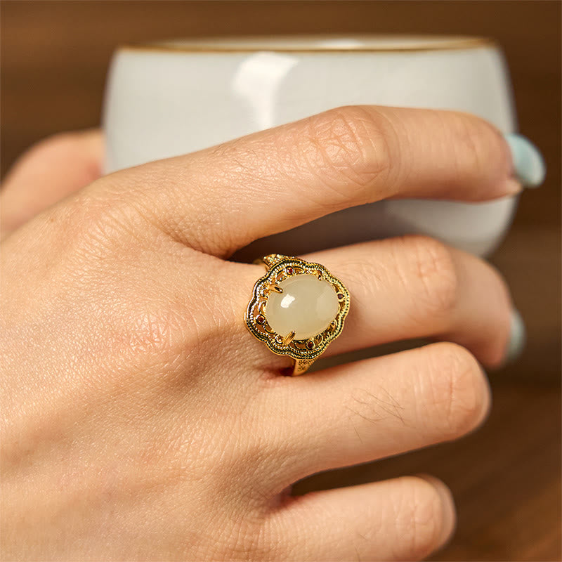 Bague porte-bonheur ouverte en cuivre et jade Hetian vintage 10 x 12 mm