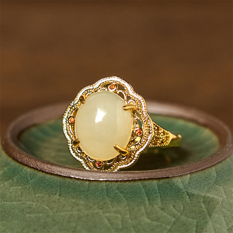 Bague porte-bonheur ouverte en cuivre et jade Hetian vintage 10 x 12 mm