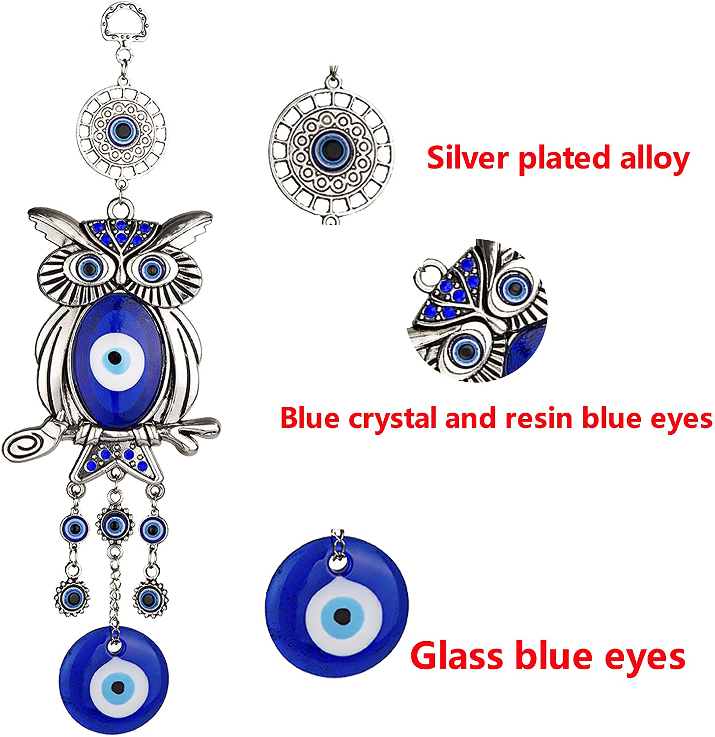 Pendentif hibou bleu mauvais œil de 11,7 pouces pour la protection