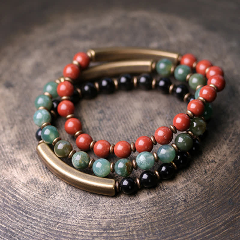 Unisex Obsidian Peace Bracelet with Red Jasper & Moss Agate