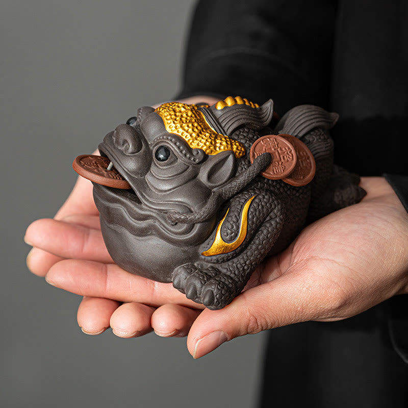 Figurine de grenouille Feng Shui en argile violette de 11 cm avec pièces de cuivre