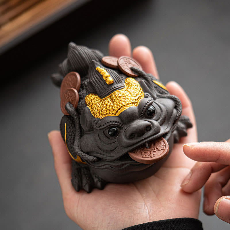 Figurine de grenouille Feng Shui en argile violette de 11 cm avec pièces de cuivre