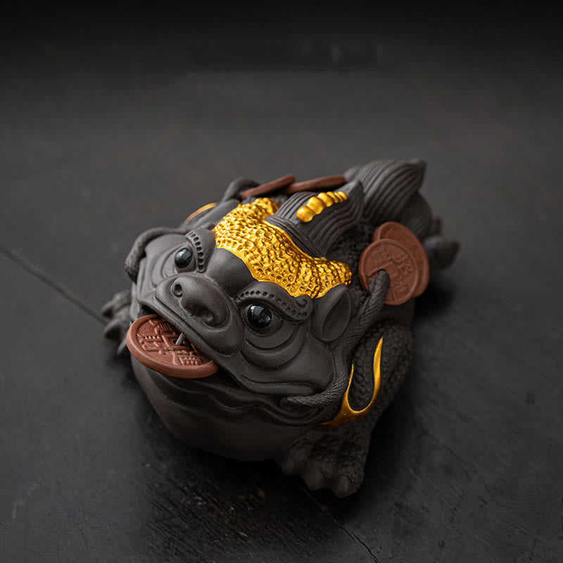 Figurine de grenouille Feng Shui en argile violette de 11 cm avec pièces de cuivre