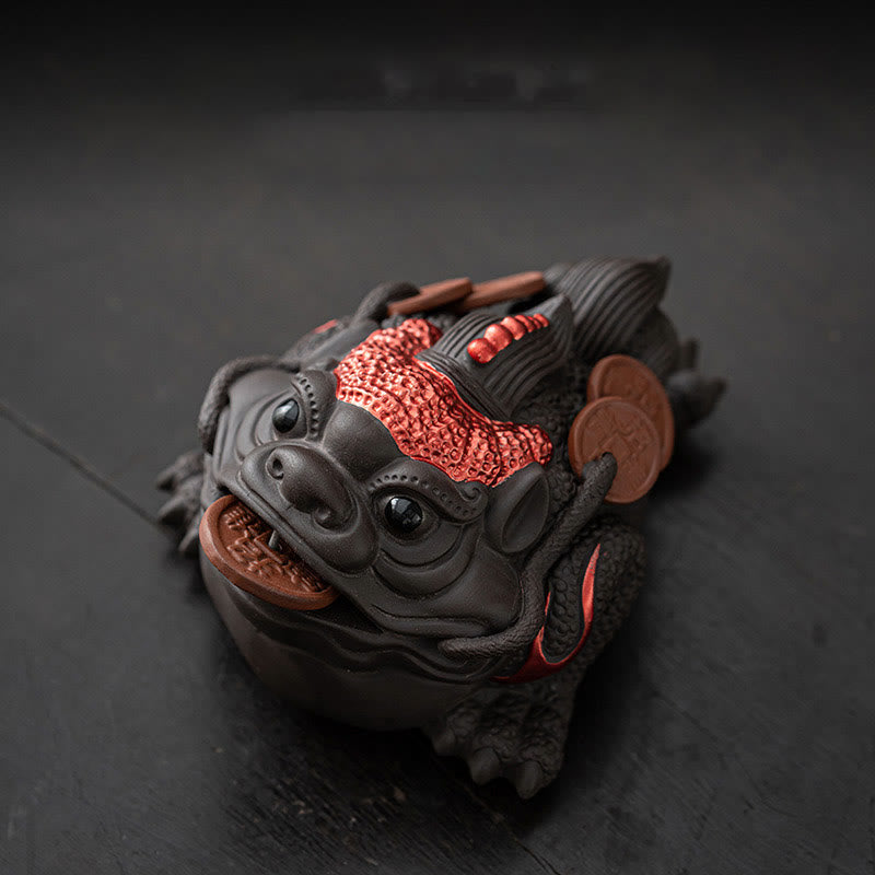 Figurine de grenouille Feng Shui en argile violette de 11 cm avec pièces de cuivre