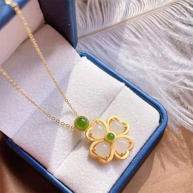 925 Sterling Silver Lucky Four Leaf Clover Jade Necklace | Prosperity & Luck