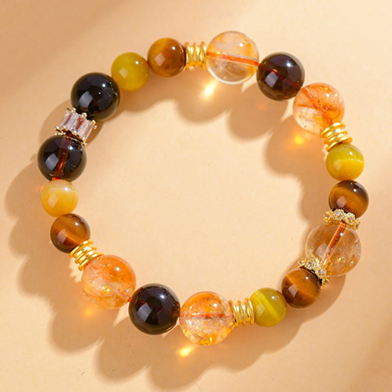 Bracelet de prospérité en œil de tigre et quartz fumé citrine 11 mm
