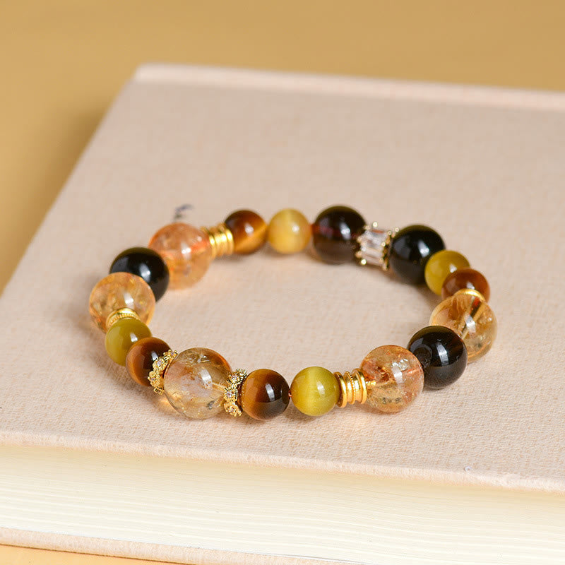 Bracelet de prospérité en œil de tigre et quartz fumé citrine 11 mm