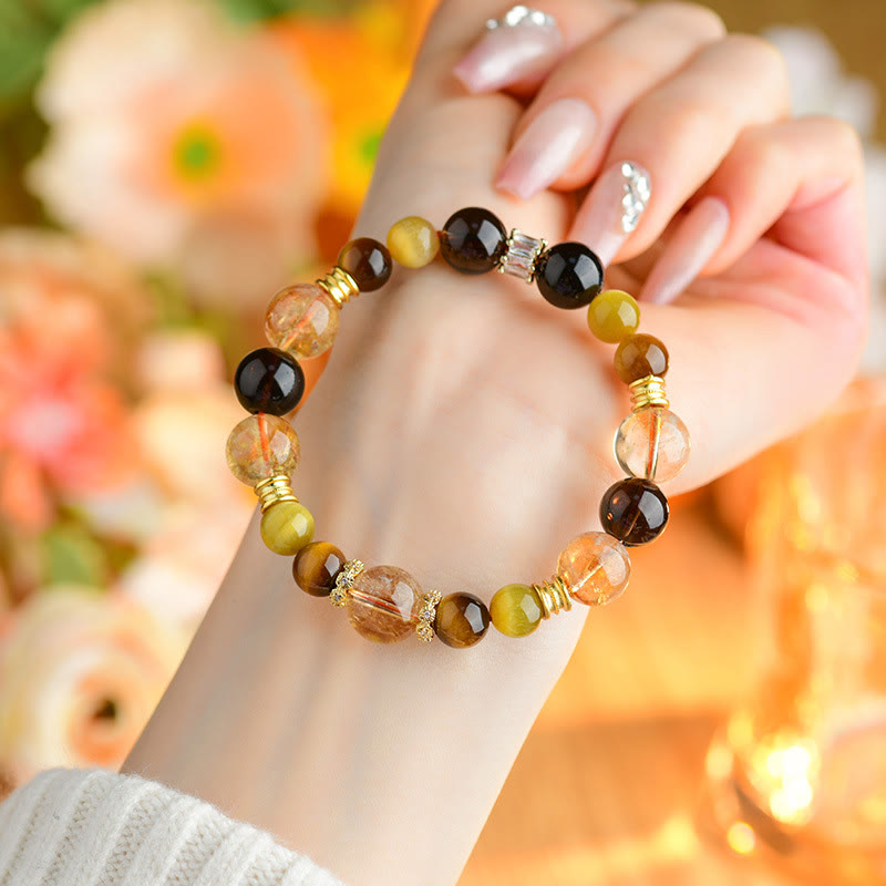 Bracelet de prospérité en œil de tigre et quartz fumé citrine 11 mm