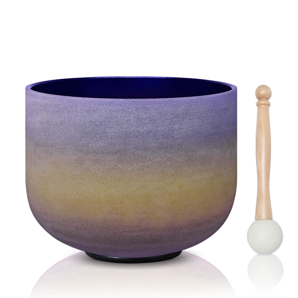 Purple and gold ombré Crystal Singing Bowl with mallet for sound therapy and meditation