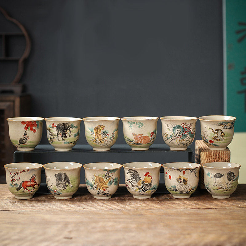 Tasse à thé en céramique avec 12 signes du zodiaque chinois | Tasse à thé Kung Fu 130 ml