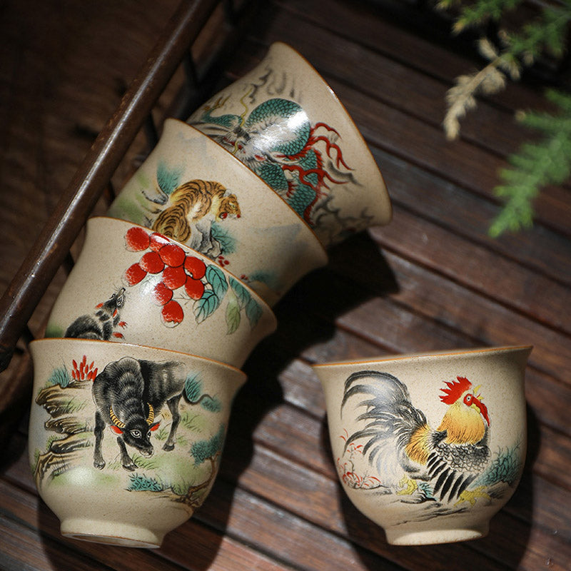 Tasse à thé en céramique avec 12 signes du zodiaque chinois | Tasse à thé Kung Fu 130 ml