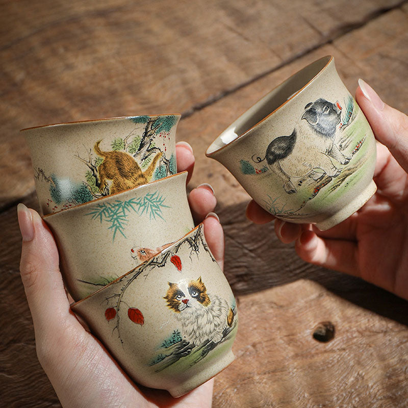 Tasse à thé en céramique avec 12 signes du zodiaque chinois | Tasse à thé Kung Fu 130 ml