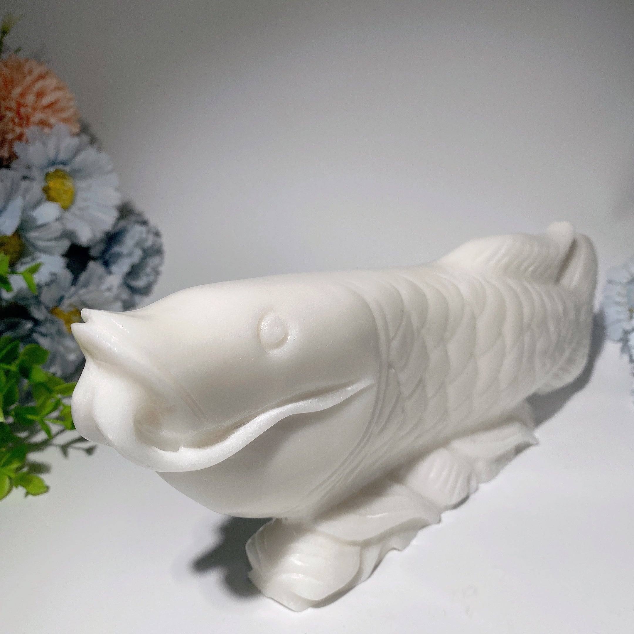 12-inch White Jade Arowana Fish Spiritual Healing Figurine