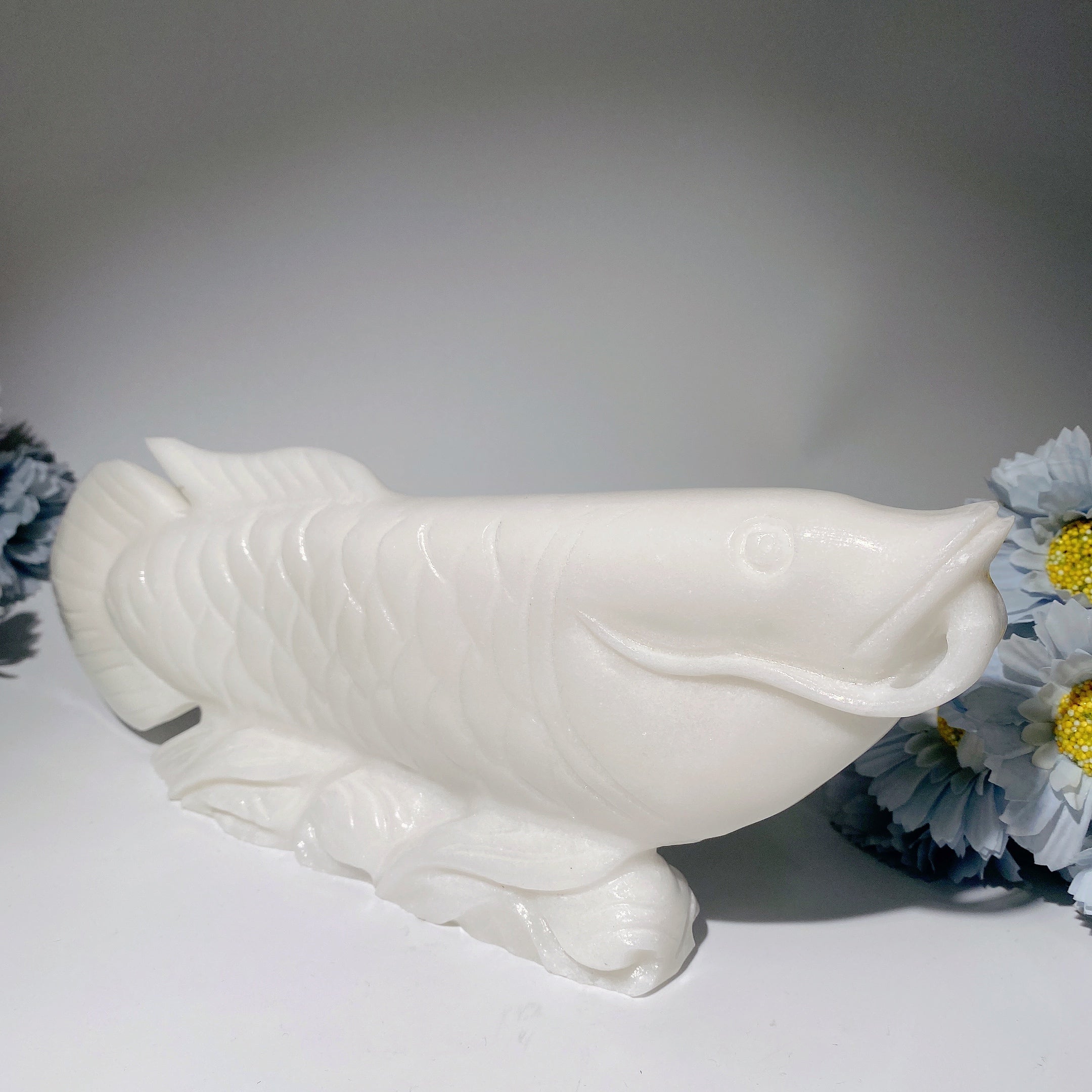 12-inch White Jade Arowana Fish Spiritual Healing Figurine
