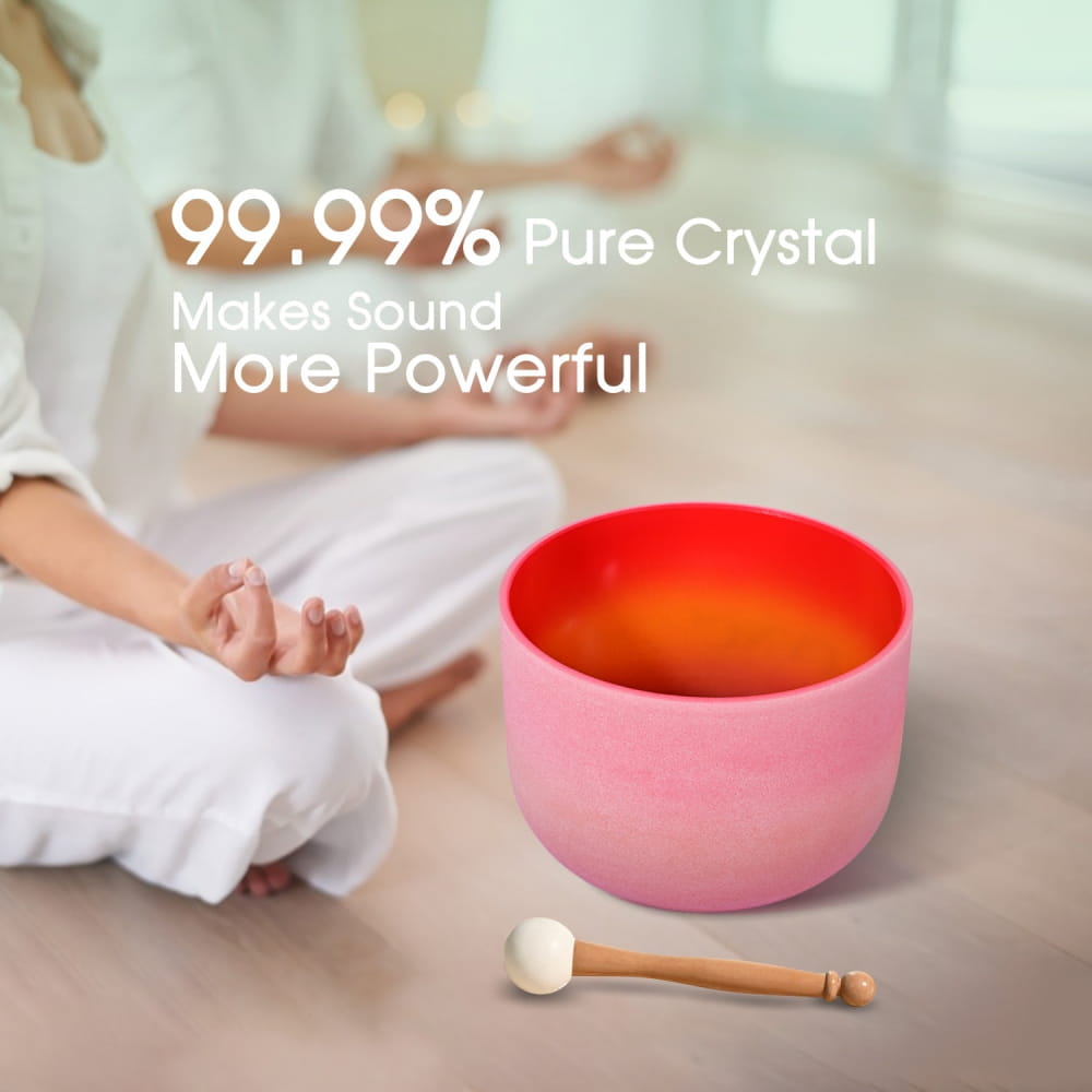 Pink crystal singing bowl with wooden mallet for 12 Inch Rainbow Colored C Note