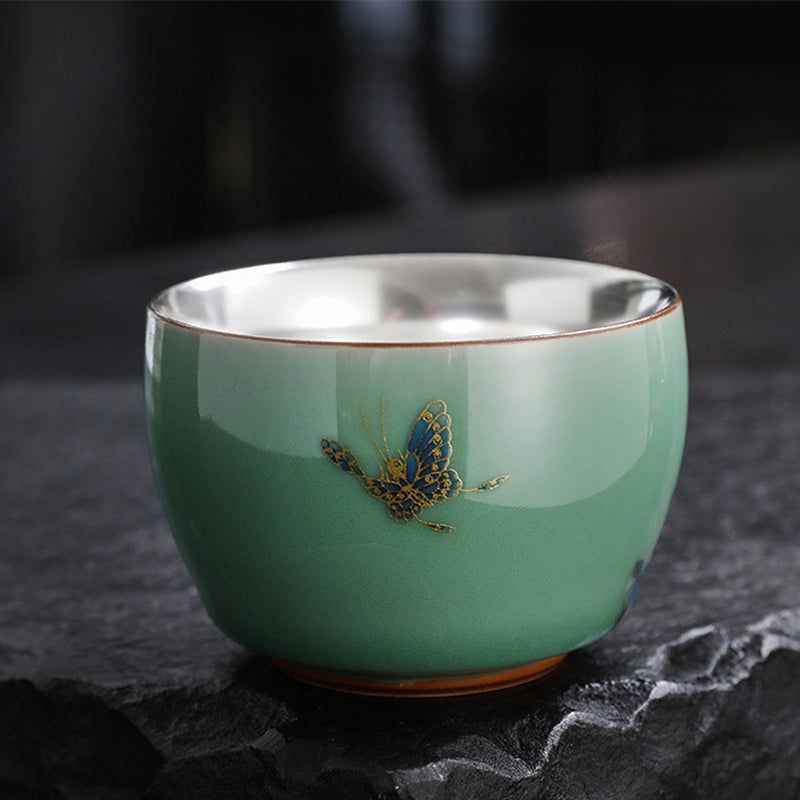 Tasse à thé en céramique 120 ml avec motifs papillons et lotus pour une décoration zen