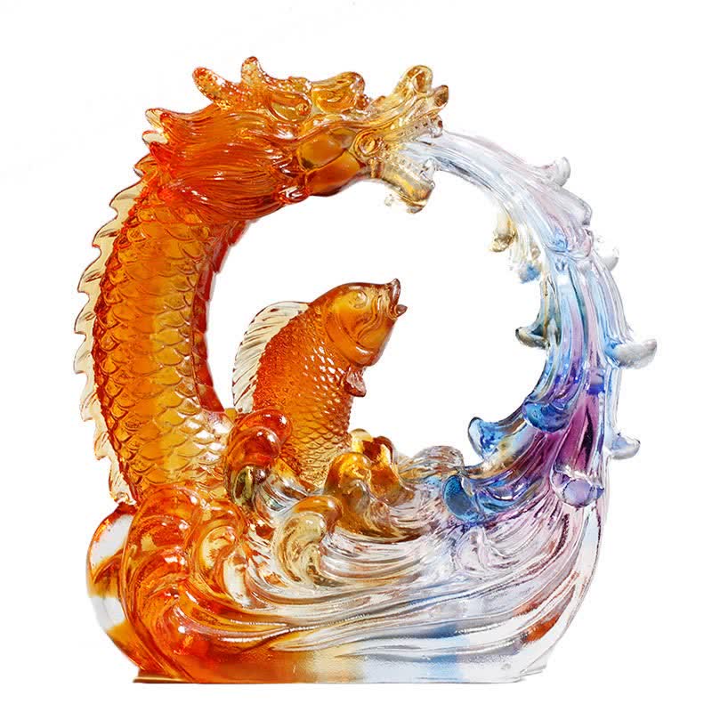 Handmade Feng Shui Liuli Dragon Koi Fish Crystal Art