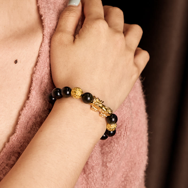 Bracelet de richesse Pixiu Om Mani Padme Hum en obsidienne dorée brillante de 12 mm