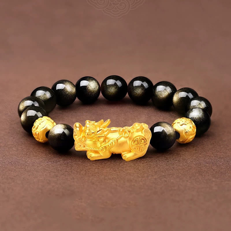 Bracelet PiXiu Wealth en obsidienne dorée brillante de 12 mm