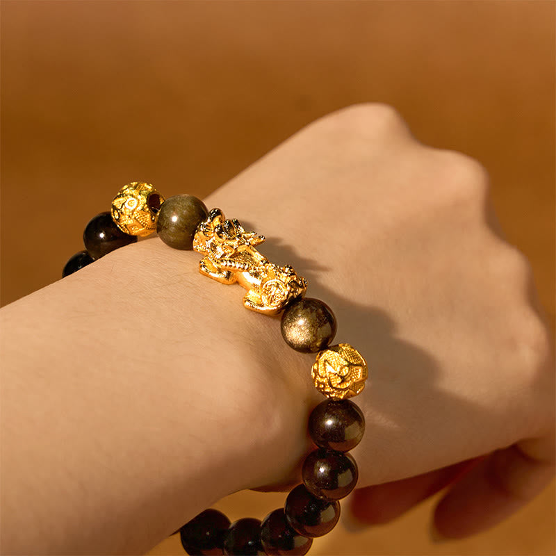 Bracelet PiXiu Wealth en obsidienne dorée brillante de 12 mm