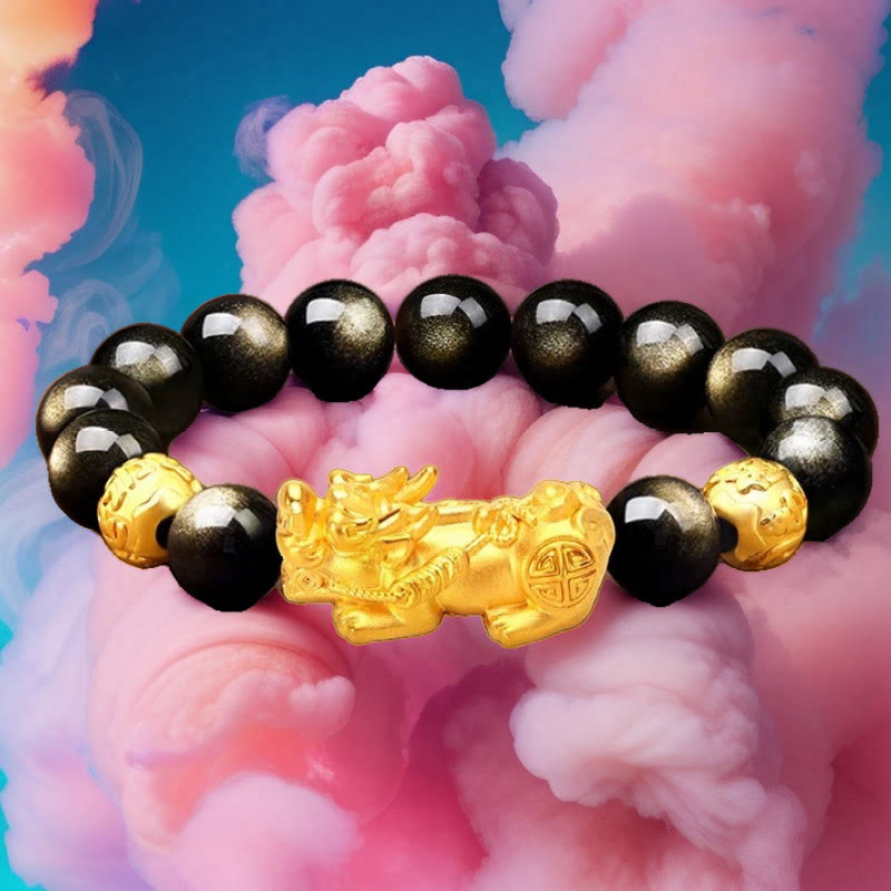 Bracelet PiXiu Wealth en obsidienne dorée brillante de 12 mm