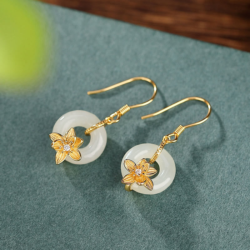 Boucles d'oreilles en jade Hetian 12 mm avec boucle de paix et jade orchidée