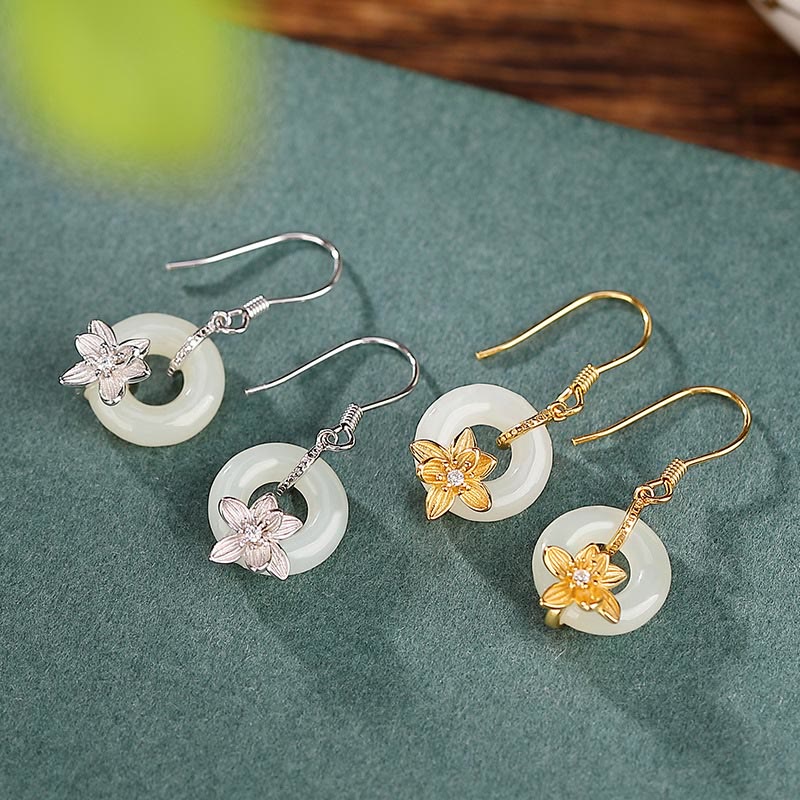 Boucles d'oreilles en jade Hetian 12 mm avec boucle de paix et jade orchidée