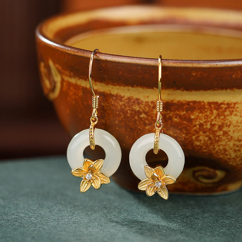 Boucles d'oreilles en jade Hetian 12 mm avec boucle de paix et jade orchidée