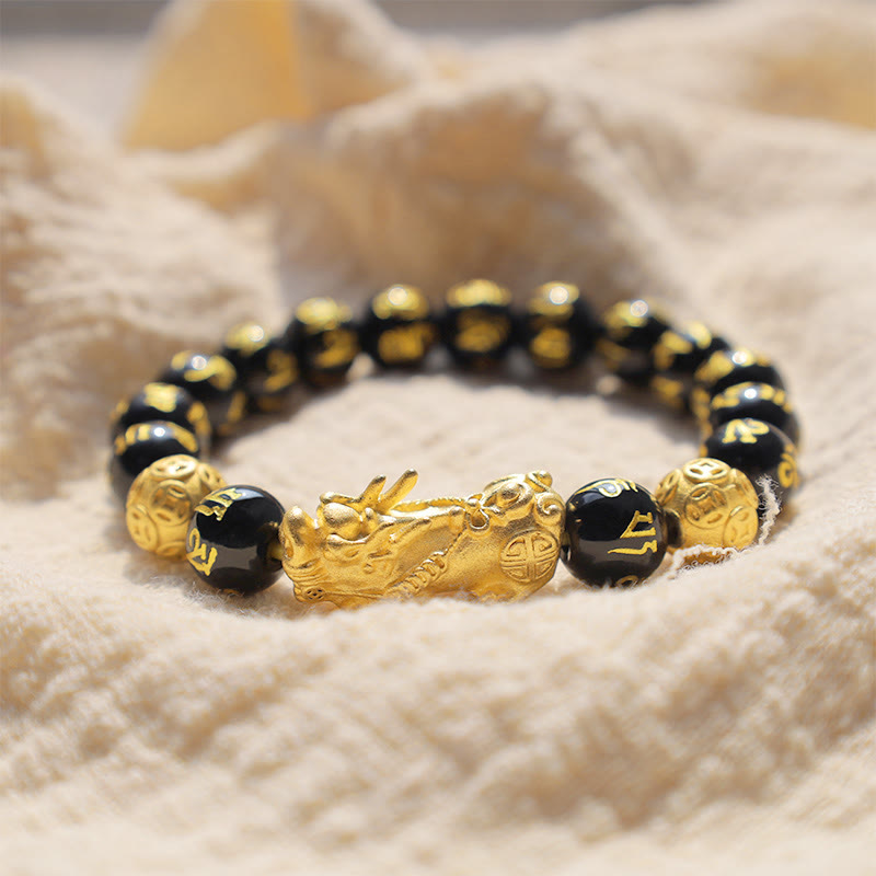 Bracelet de richesse PiXiu en obsidienne de 12 mm pour la chance Feng Shui