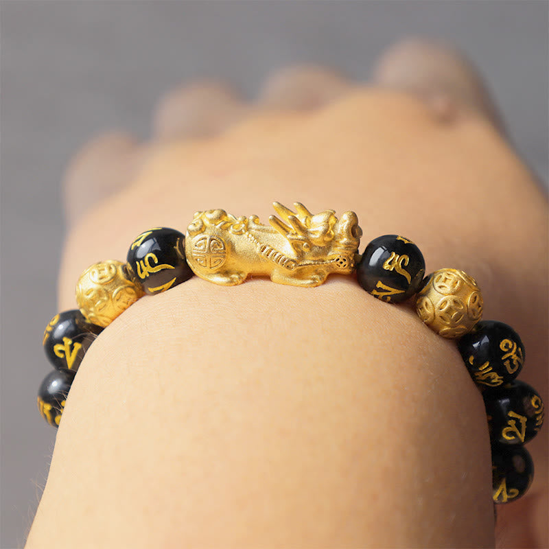Bracelet de richesse PiXiu en obsidienne de 12 mm pour la chance Feng Shui