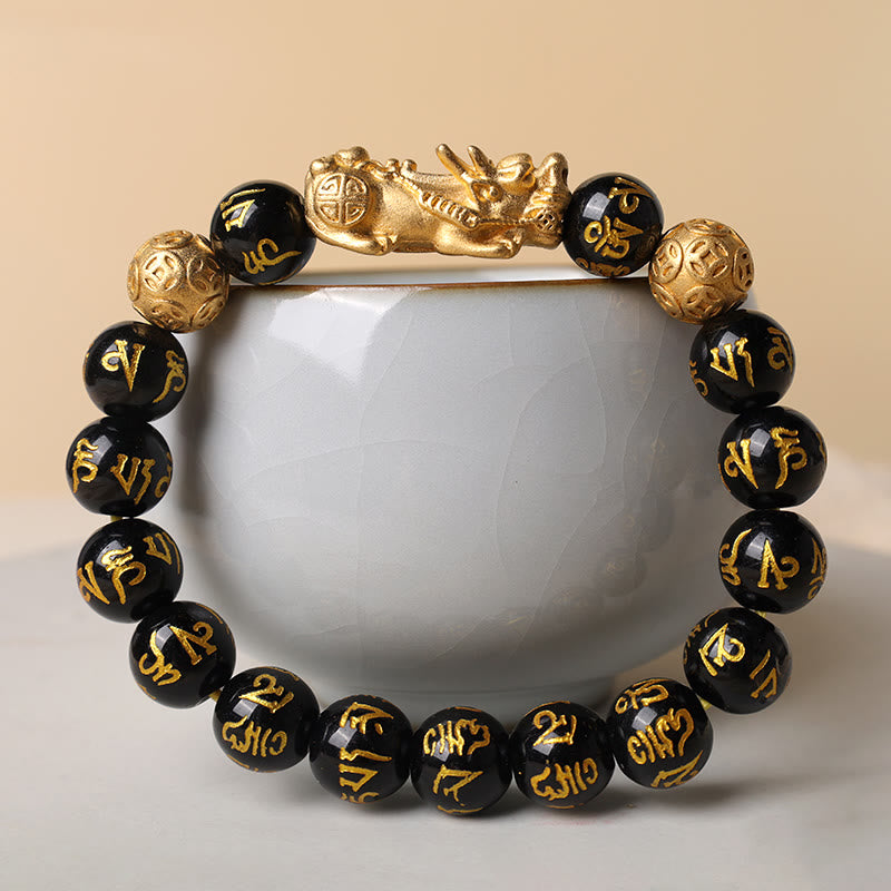 Bracelet de richesse PiXiu en obsidienne de 12 mm pour la chance Feng Shui
