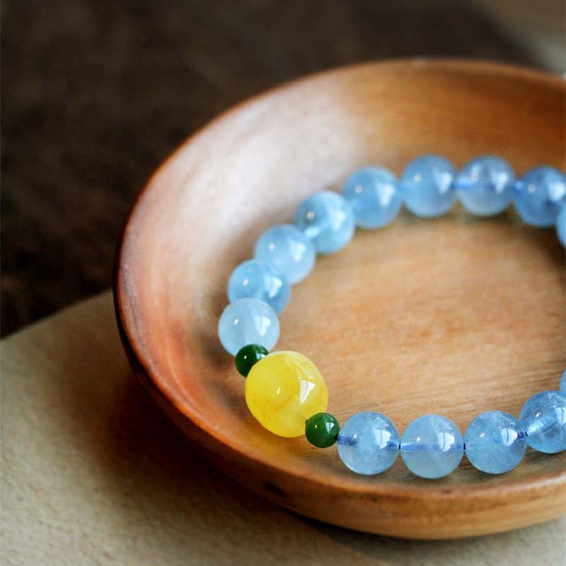Natural Aquamarine Amber Serenity Healing Bracelet 8mm