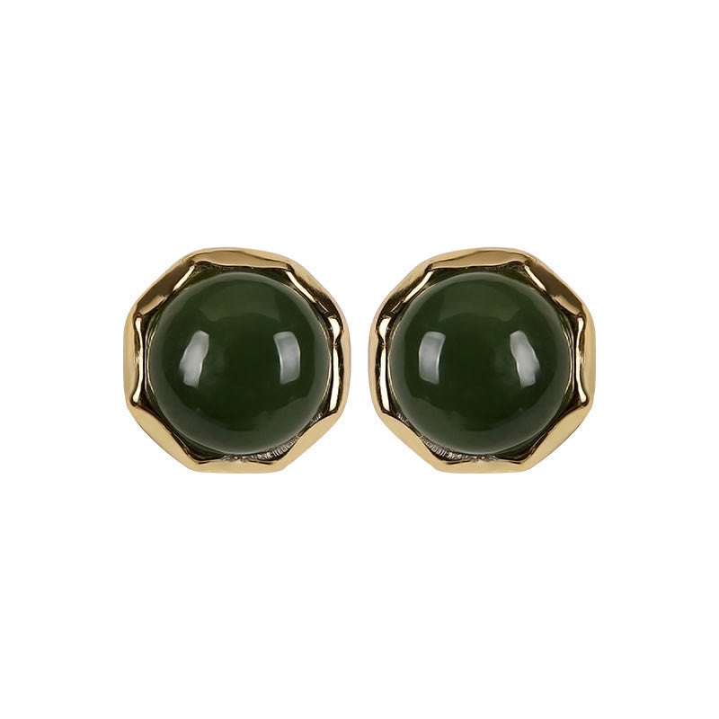 8mm Cyan Jade Stud Earrings in Sterling Silver Gold Plated for Luck