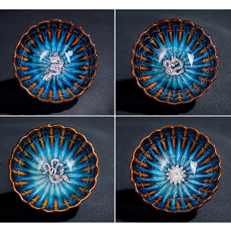 Tasse à thé en céramique Lotus Dragon de 130 ml avec incrustations de bon augure