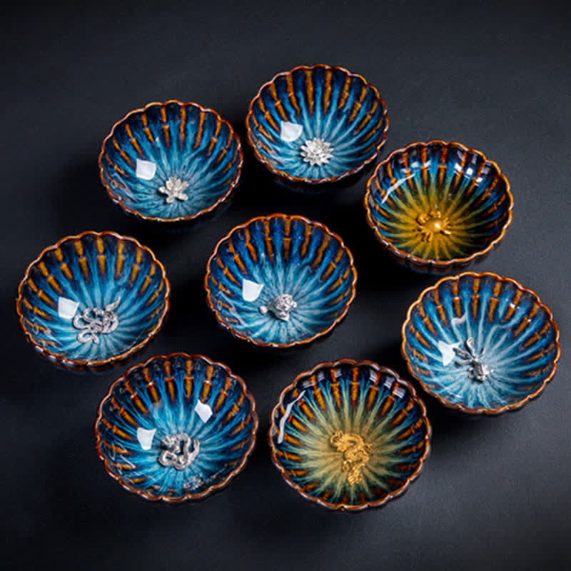 Tasse à thé en céramique Lotus Dragon de 130 ml avec incrustations de bon augure